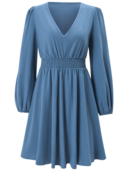 Fashion V-neck Casual Women's Solid Color Waist Tight Long Sleeve Slim Dress
