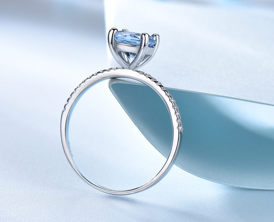 S925 Sterling Silver Sky Blue Topaz Rhinestone Zircon Light Luxury Square Ring