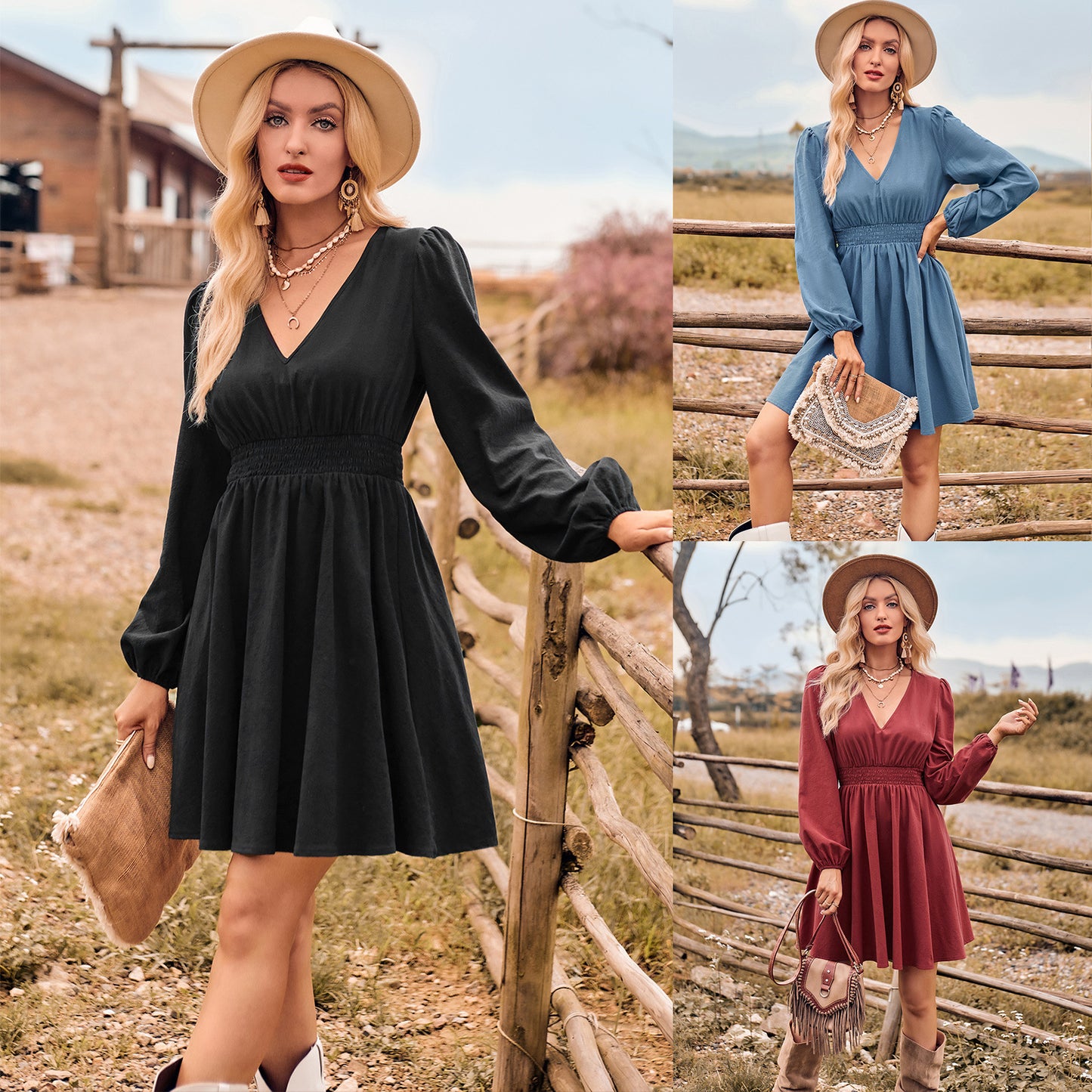 Fashion V-neck Casual Women's Solid Color Waist Tight Long Sleeve Slim Dress