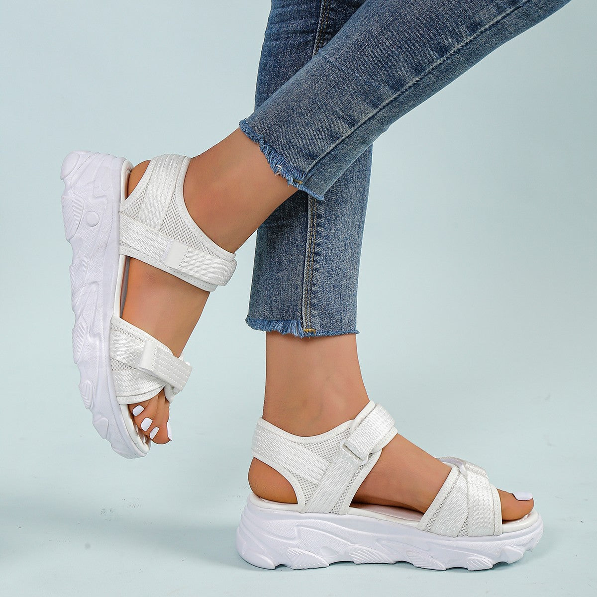 Sandalias casuales con plataforma y punta redonda con velcro para mujer