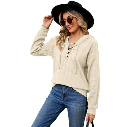 Women's Solid Color Hooded Sweater Neckline Tied Long Sleeves Top