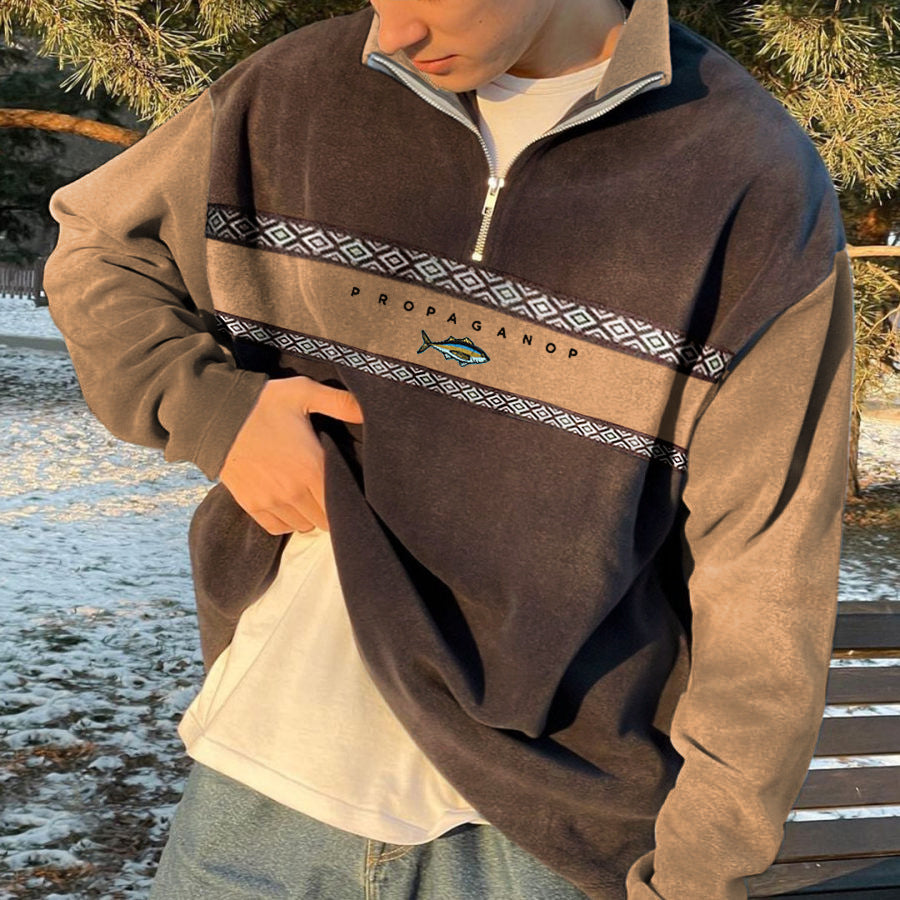 Plus Size Retro Patchwork Zipper British Sweater