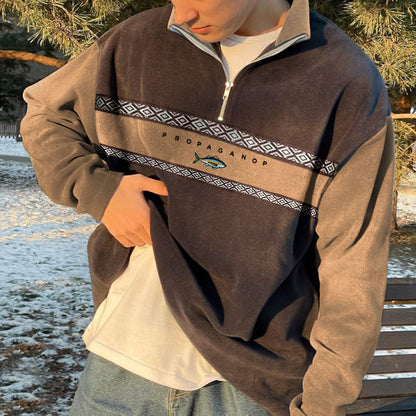 Plus Size Retro Patchwork Zipper British Sweater