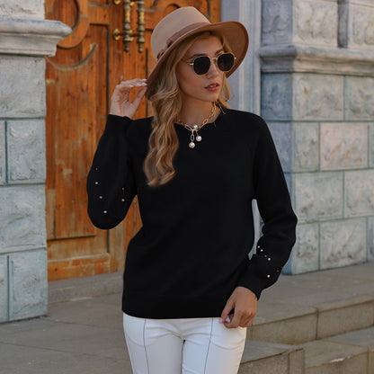 Round Neck Cuff Decorative Rivets Knitted Sweater
