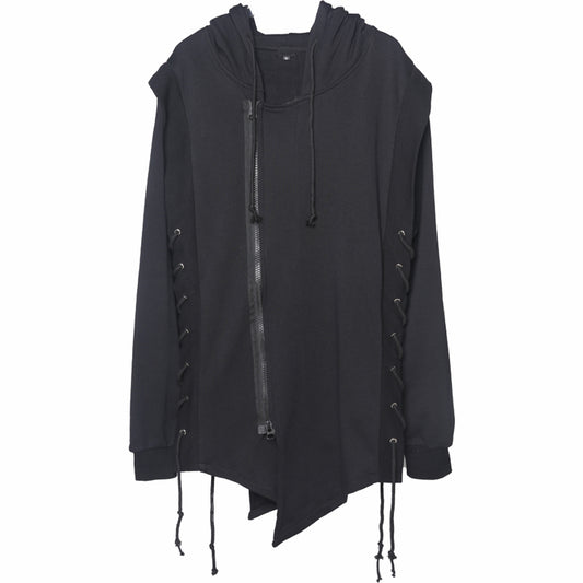 Dark Black Zipper Hooded Cross Strap Casual Coat