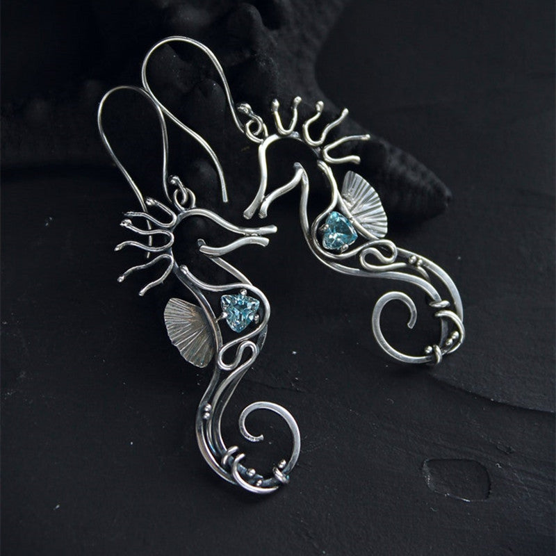 Women's Fashion Vintage Ocean Blue Gemstone Hollow Seahorse Earrings