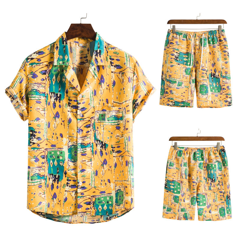 Hawaiian Series Beach Style Short-sleeved Shirt Beach Pants Suit Two-piece Set