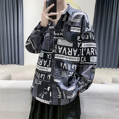 Men's Newspaper Graffiti Print Long-sleeved Shirt