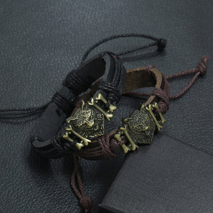 Vintage Weave Leather Bracelet Bronze Alloy Wolf Head Cattle Leather Bracelet