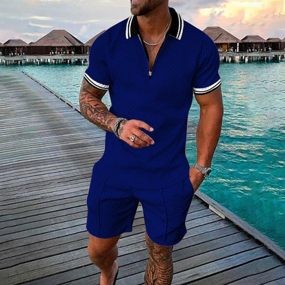 Traje de pantalón corto tipo polo con cremallera y manga corta con estampado de lunares y estampado de llamas
