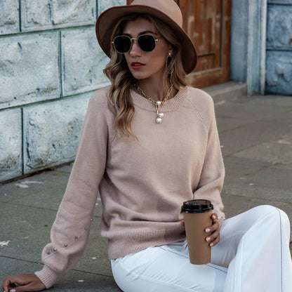 Round Neck Cuff Decorative Rivets Knitted Sweater