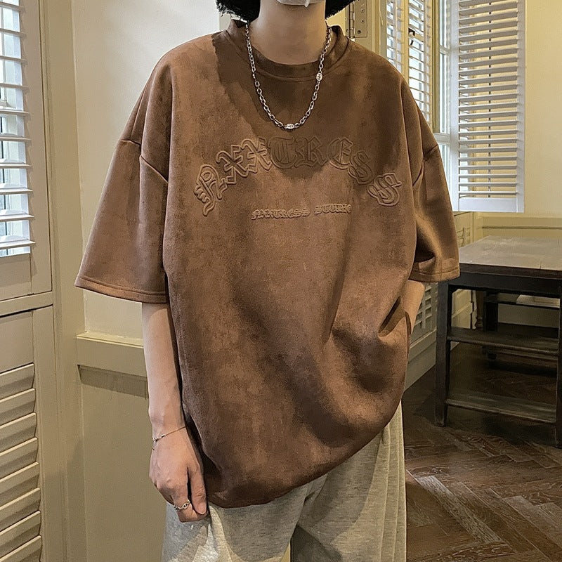 American Style Puff Print Suede Short Sleeve Retro Brown Heavy T-shirt