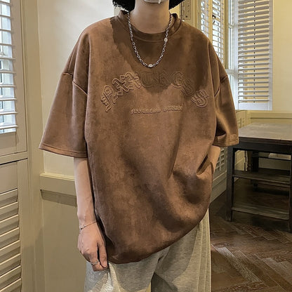 American Style Puff Print Suede Short Sleeve Retro Brown Heavy T-shirt