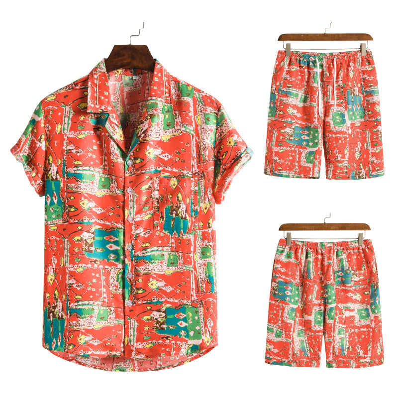 Hawaiian Series Beach Style Short-sleeved Shirt Beach Pants Suit Two-piece Set
