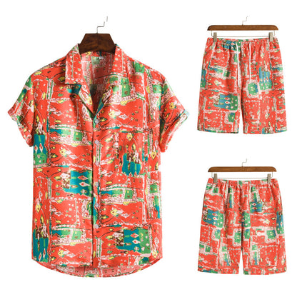 Hawaiian Series Beach Style Short-sleeved Shirt Beach Pants Suit Two-piece Set