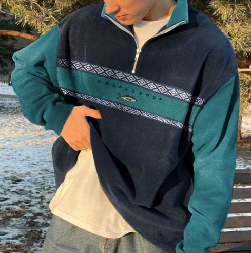 Plus Size Retro Patchwork Zipper British Sweater