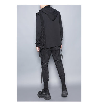 Dark Black Zipper Hooded Cross Strap Casual Coat