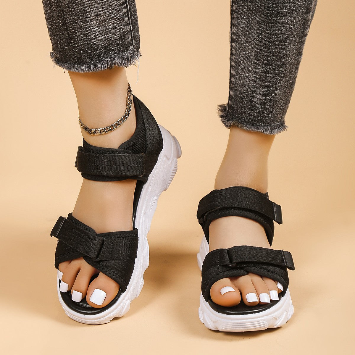 Sandalias casuales con plataforma y punta redonda con velcro para mujer