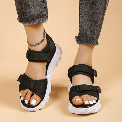 Sandalias casuales con plataforma y punta redonda con velcro para mujer