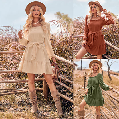 Vestido de moda de manga larga con control de cintura y cuello en forma de U de color liso para mujer
