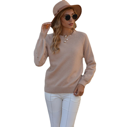 Round Neck Cuff Decorative Rivets Knitted Sweater