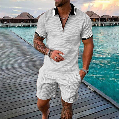 Traje de pantalón corto tipo polo con cremallera y manga corta con estampado de lunares y estampado de llamas