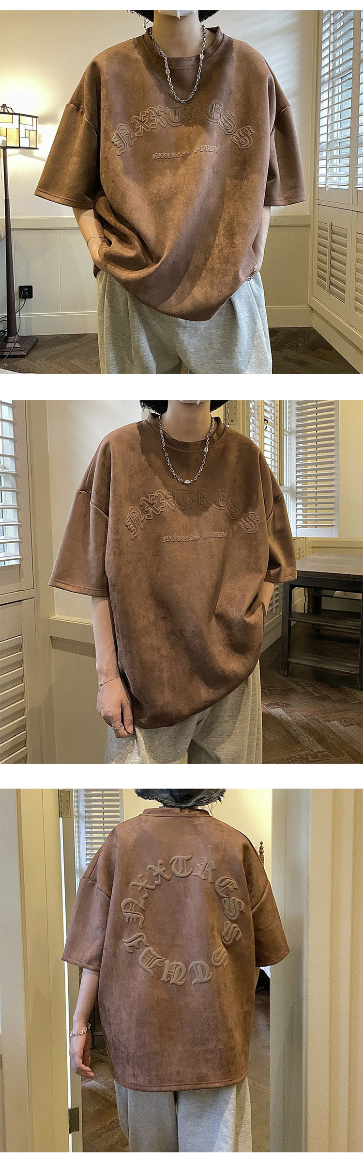 American Style Puff Print Suede Short Sleeve Retro Brown Heavy T-shirt