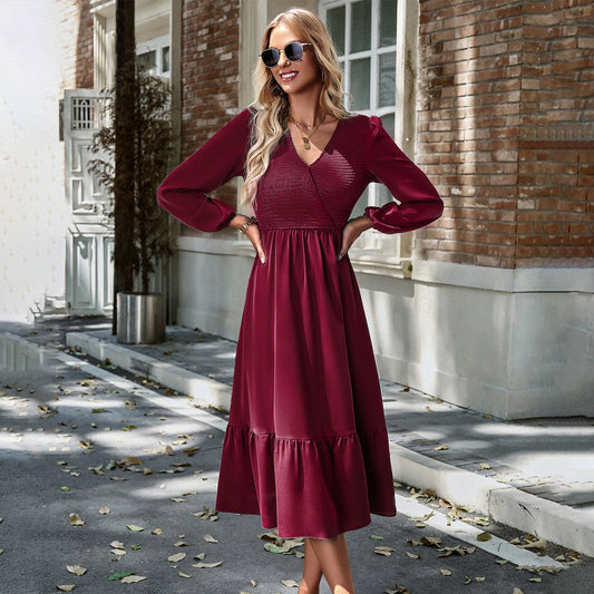 Women's V-neck Smocking Solid Color Dress