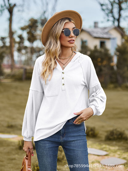 Women's Hooded Solid Color Pullover Long Sleeve T-shirt