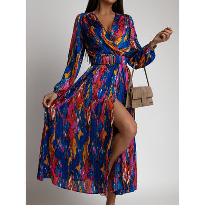 Fashion Printed V-neck Long Sleeve With Belt Dress