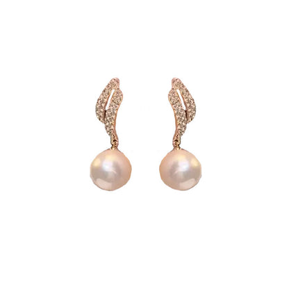 Silver Needle Niche Full Diamond Leaves Faux Pearl Earrings