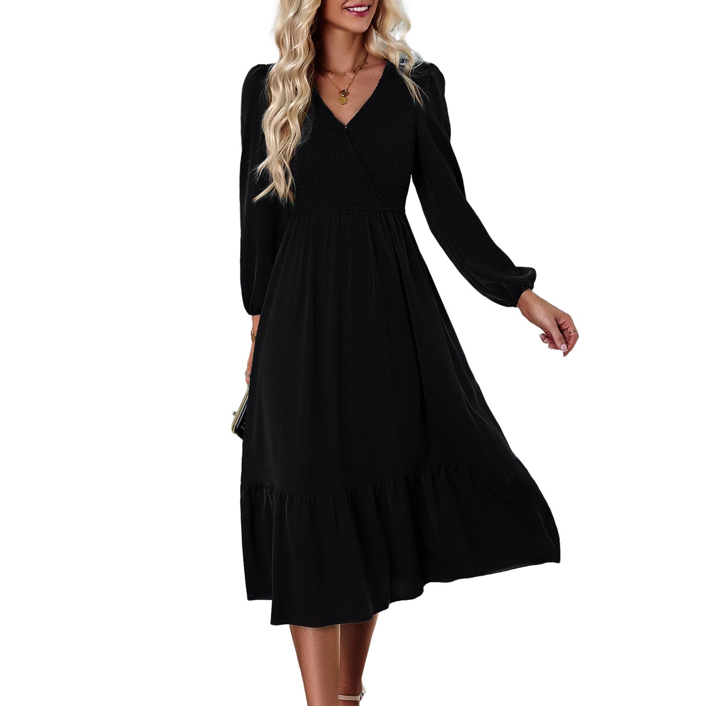 Women's V-neck Smocking Solid Color Dress