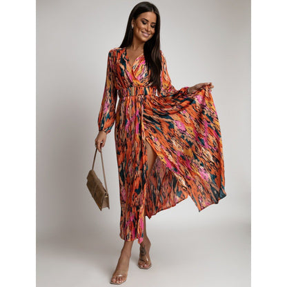 Fashion Printed V-neck Long Sleeve With Belt Dress