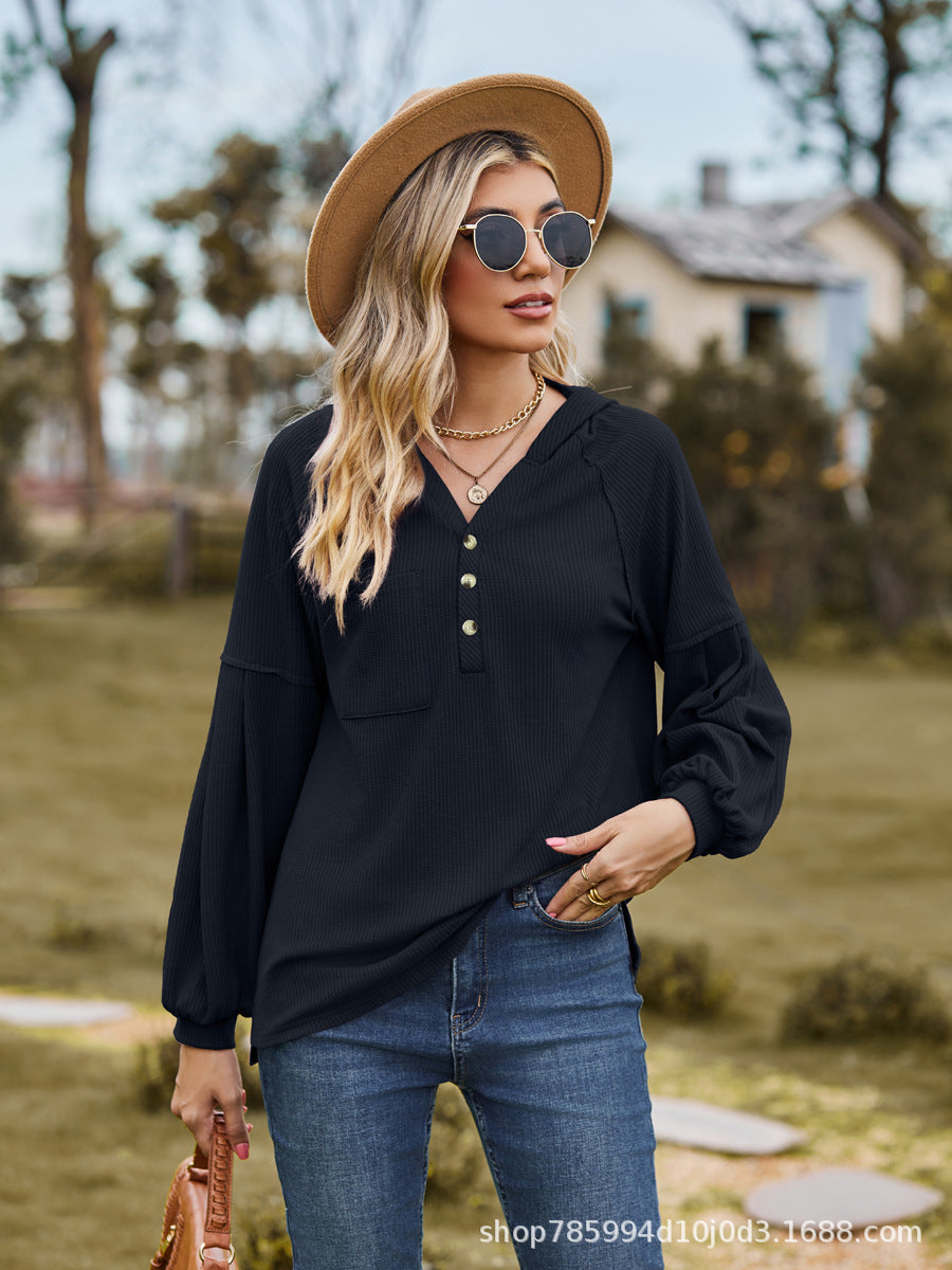 Women's Hooded Solid Color Pullover Long Sleeve T-shirt