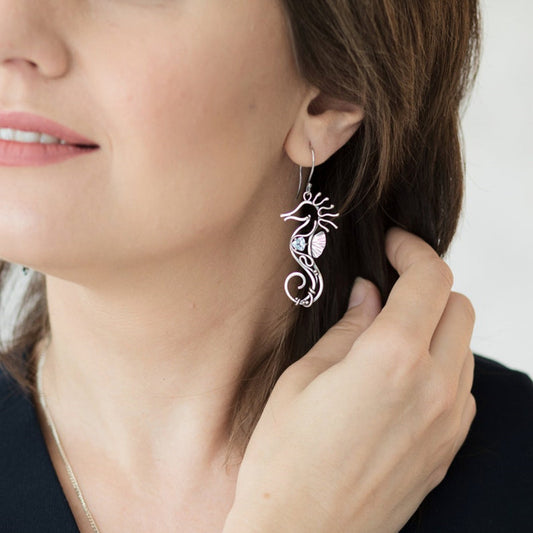 Women's Fashion Vintage Ocean Blue Gemstone Hollow Seahorse Earrings