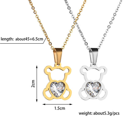 Women's Cute Simple Hollow-out Big Loving Heart Zircon Bear Necklace