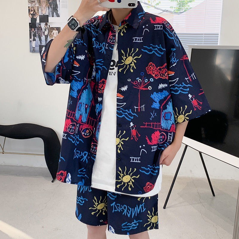 Fashion Ice Silk Short Sleeve Flower Shirt Suit For Men