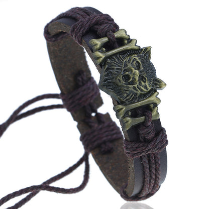 Vintage Weave Leather Bracelet Bronze Alloy Wolf Head Cattle Leather Bracelet