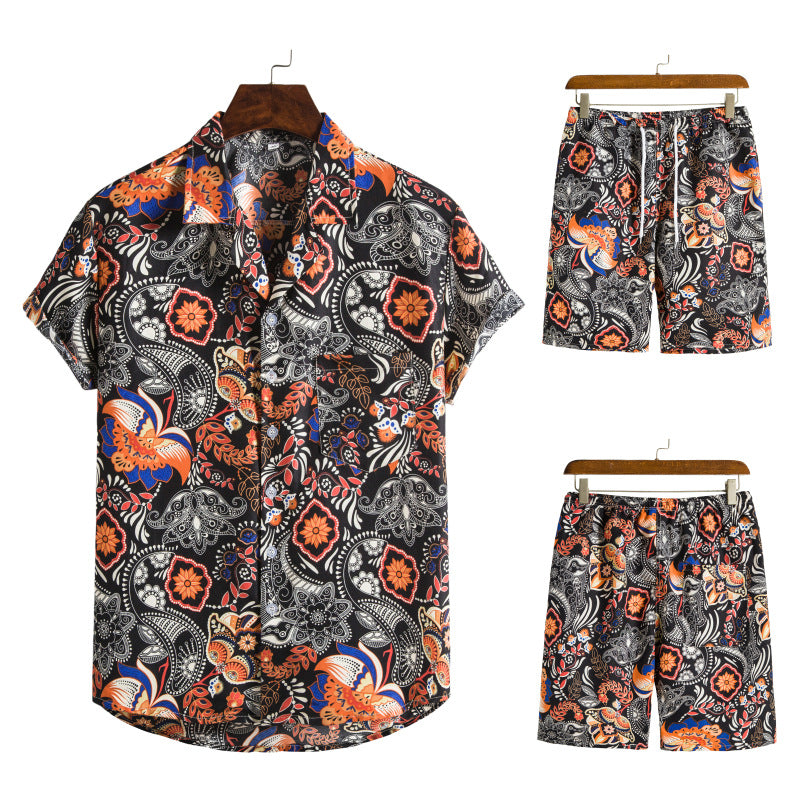Hawaiian Series Beach Style Short-sleeved Shirt Beach Pants Suit Two-piece Set