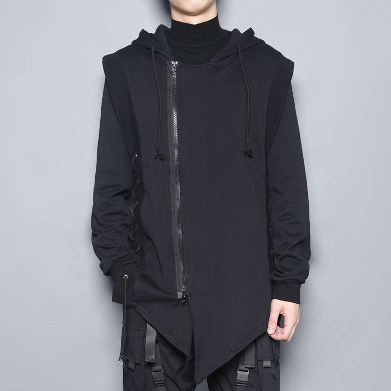 Dark Black Zipper Hooded Cross Strap Casual Coat