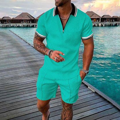 Traje de pantalón corto tipo polo con cremallera y manga corta con estampado de lunares y estampado de llamas