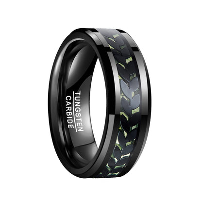8mm Wide Inlaid Leaves Pattern Green Carbon Fiber Men's Tungsten Ring