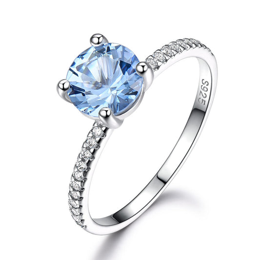 S925 Sterling Silver Sky Blue Topaz Rhinestone Zircon Light Luxury Square Ring