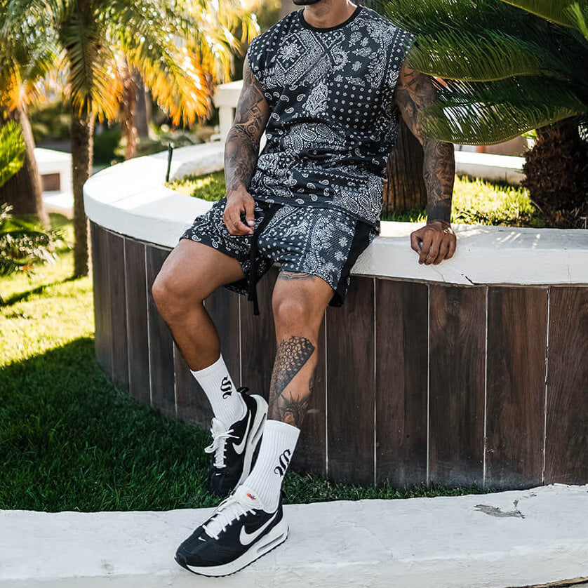 Fashion Men's Summer Top Shorts Paisley Printed Two-piece Suit
