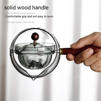 Semi-automatic Rotary Heat-resistant Glass Teapot Lazy Tea Making With Infuser And Wooden Handle