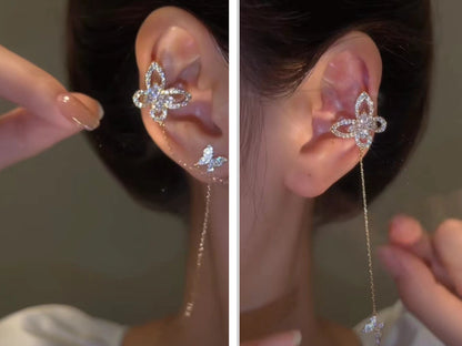 Pendientes elegantes con clip de oreja para mujer con circonita y mariposa hueca