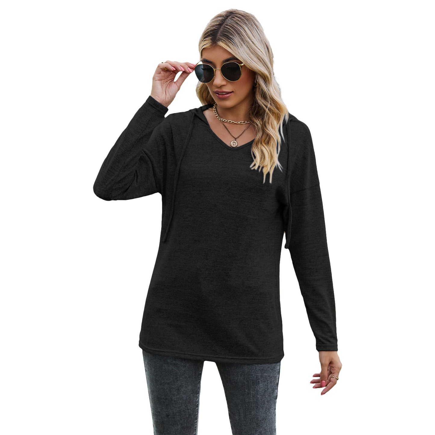 Camiseta informal de manga larga con capucha y cuello en V de color liso