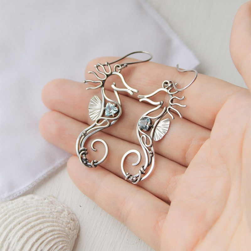 Women's Fashion Vintage Ocean Blue Gemstone Hollow Seahorse Earrings