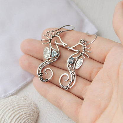 Women's Fashion Vintage Ocean Blue Gemstone Hollow Seahorse Earrings