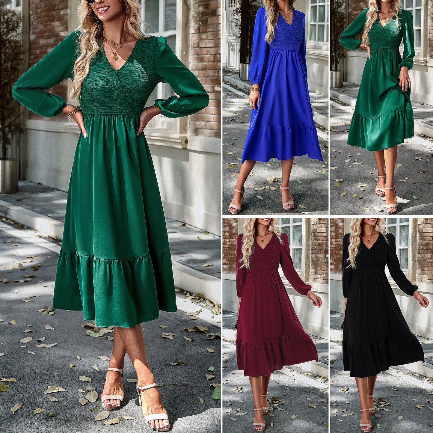 Women's V-neck Smocking Solid Color Dress